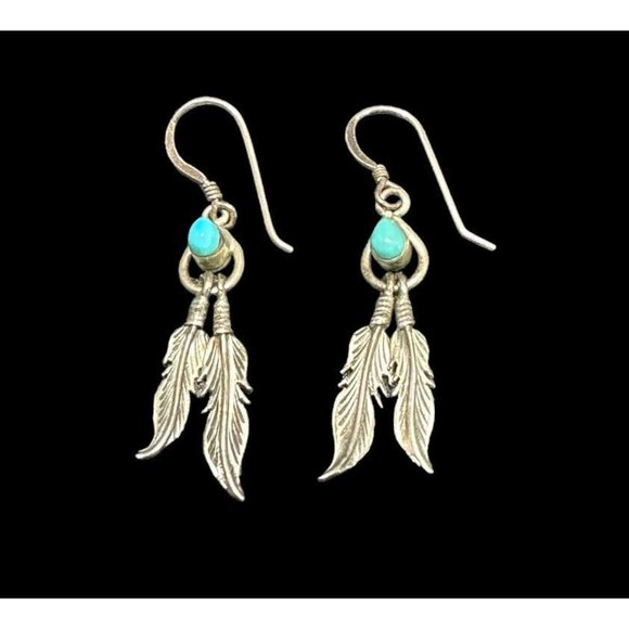 Sterling Silver and Turquoise VTG Southwestern Two Feather Earrings Dangle Hook - Picture 5 of 5